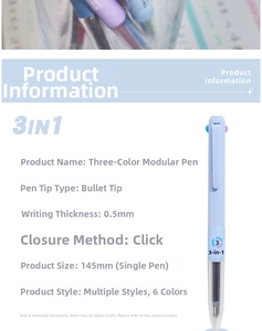 Detailed specifications of 0.5mm three-color retractable modular pen with light blue barrel