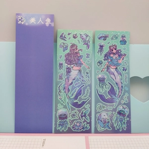 Detail of mermaid themed stickers featuring purple hair anime girl and ocean sea creatures