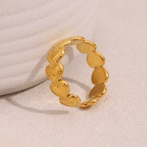 Polished 18K gold plated stainless steel open ring with continuous heart pattern design