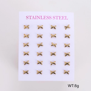 Set of 12 pairs of golden stainless steel X-shaped stud earrings on a display card