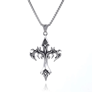 Gothic silver cross pendant necklace with tribal flame patterns and sturdy box chain
