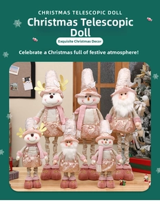 Detailed view of telescopic pink and gold Christmas dolls including snowman and reindeer