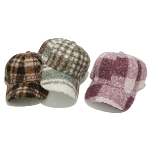 Detailed grid showing three warm plaid sherpa baseball caps in various color patterns