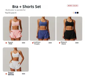 Detail showing high-waist yoga shorts and strappy sports bra in four vibrant colors