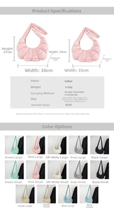 Detailed size chart for pleated dumpling bag showing dimensions and colors for women
