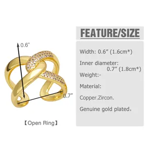 Size chart showing dimensions of the gold-plated zircon crisscross open ring