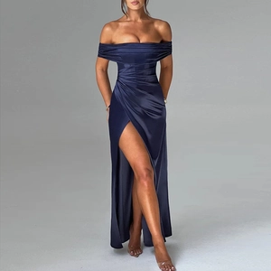Front view of elegant navy blue satin off-shoulder evening gown with high side slit