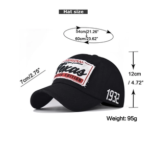Detailed view of Texas vintage embroidery on washed cotton baseball cap with dimensions