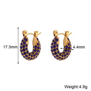 18K gold plated hoop earrings with blue cubic zirconia stones, 17.3mm x 4.4mm size