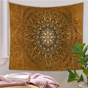 Cozy living room interior featuring a large gold mandala wall tapestry on a white wall