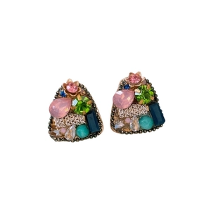 Vintage geometric triangle earrings with colorful crystals and woven gold base