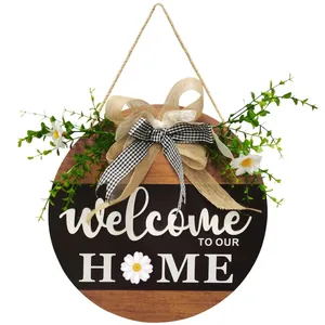 Panneau de bienvenue en bois rustique avec nœud en toile de jute et fleurs de marguerite