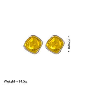 Two-tone gold and silver geometric stud earrings with yellow stone inserts and size markings