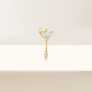 Detail of S925 silver flat back cartilage stud with marquise zircon flower petals and chain