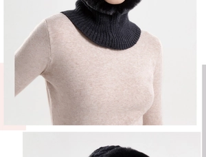 Detail of black knitted neck warmer with plush faux fur trim and soft thermal texture