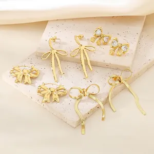 Bowknot Earrings Stainless Steel With Heart Zircon Ribbon Dangle Studs Elegant Vintage Jewelry For Women Gold Steel Color
