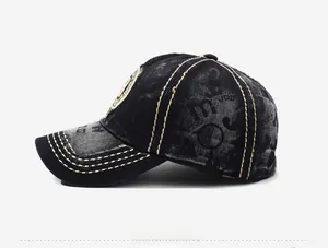 Detail showing vintage washed baseball cap with contrast double stitching and embroidery