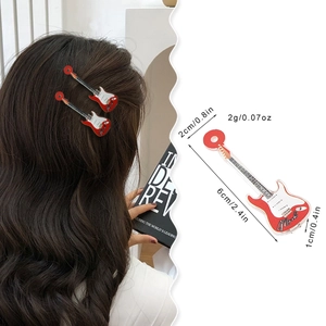 Red guitar-shaped acrylic hair clips set with detailed size and weight dimensions