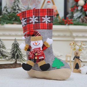 Detailed view of gray felt Christmas stocking with 3D snowman and red plaid cuff accents