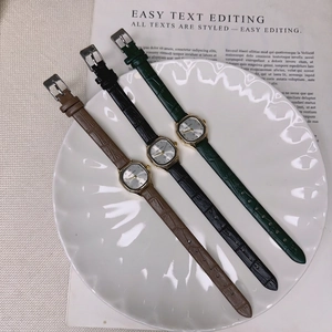 Retro square ladies watches with leather straps in black, brown, and green colors