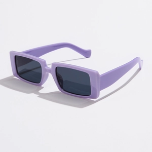 Detail view of vintage square sunglasses in lavender purple with dark grey lenses