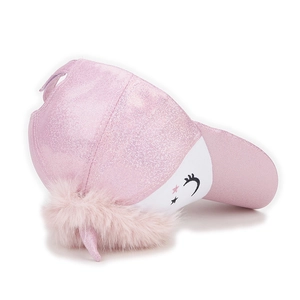 Close-up of glitter finish and plush unicorn horn on pink girls baseball cap