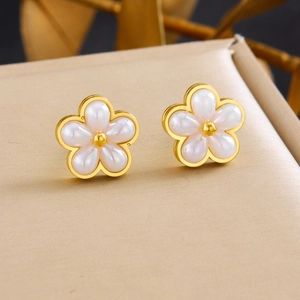 Gold-plated stainless steel flower earrings with white pearl petals and gold center