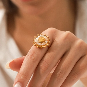 Scallop Starfish Shell Open Ring 18K Gold Plated Stainless Steel Mother Of Artificial Pearl Adjustable Retro Ocean Jewelry Women