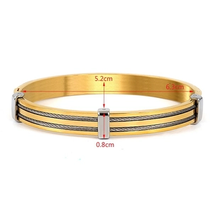 Classic stainless steel cable bracelet with gold center band and silver twisted wire detail