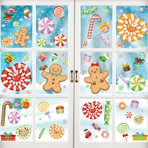 Christmas Static Window Stickers PVC Double Sided Gingerbread Man Candy Cane Lollipop Decor For Xmas Glass Home Party