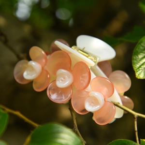 Détail d'une pince à cheveux crème ornée de fleurs de pêcher sur une branche