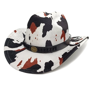 Classic western cowboy hat featuring cow print pattern with vintage bull metal buckle