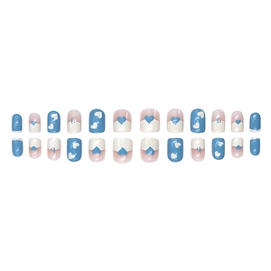 Close-up of 24pcs blue and white heart pattern short press-on nails in various sizes