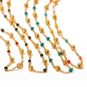 Bohemian Colorful Enamel Bead Necklace Stainless Steel French Creative Round Ball Chain Jewelry For Women Chic Gift