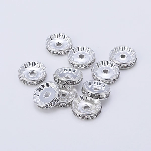 Silver plated rondelle spacer beads with white crystals for DIY jewelry making