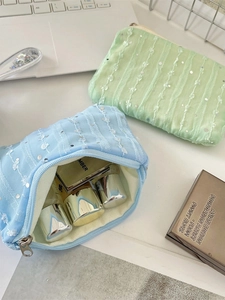 Sequin floral chiffon makeup bag with metal zipper for organizing cosmetics and toiletries