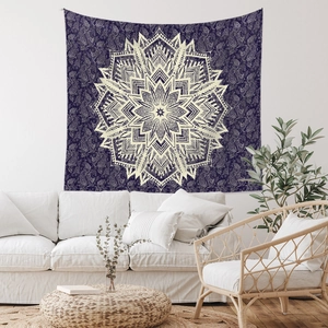 Detailed texture of purple mandala tapestry with paisley patterns in a bohemian room