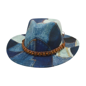Wide brim patchwork denim sun hat with vintage woven bead band for outdoor wear