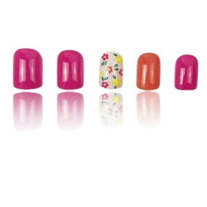 Short square false nails with pink, orange colors and floral patterns on white background