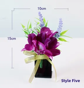 Detailed size view of Style 5 artificial purple orchid boutonniere with dimensions