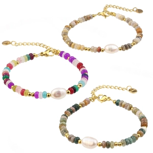 Bracelets bohèmes en acier inoxydable avec pierres naturelles et perles d'eau douce