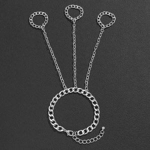 Punk style multi-chain finger bracelet with silver Cuban link and three rings for men