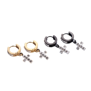 Fashionable gold and black stainless steel hoop earrings with crystal cross pendants