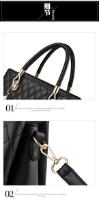 Detail of black quilted tote bag showing golden hardware and elegant pearl charm