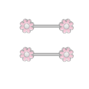 Détail de piercings de mamelon fleurs roses en acier inoxydable avec perles blanches