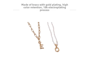 Detail of 18K gold-plated brass bamboo alphabet pendant and pearl bead necklace