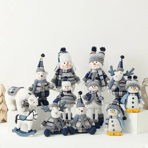 Blue White Plaid Christmas Plush Ornaments Snowman Reindeer Polar Bear Penguin Figures Winter Holiday Desktop Decor Fabric