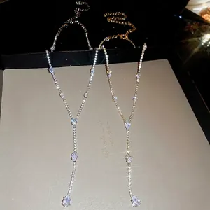 Y-Shaped Tassel Necklace For Women Alloy Waterdrop Pear Zircon Rhinestone Long Clavicle Chain Elegant Party Jewelry