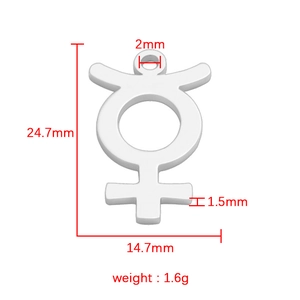 Detailed view of silver mercury symbol pendant with technical dimension and weight specs