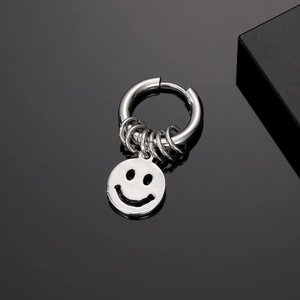 Retro punk stainless steel hoop earring with a polished silver smiley face pendant